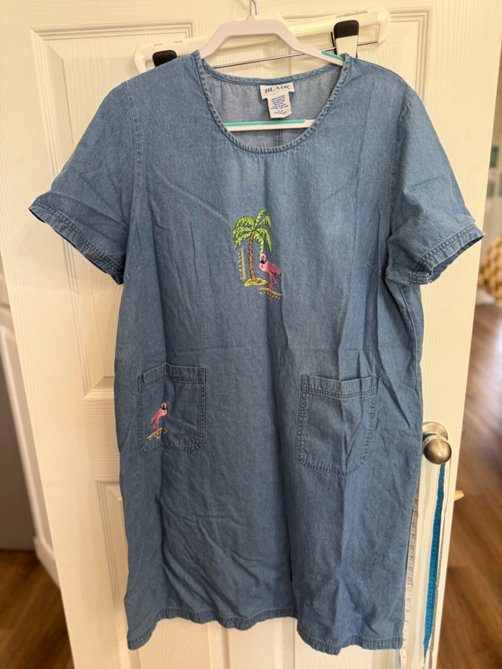 Blair Denim Patio Dress Flamingo Embroidered Tropical Pockets Cottagecore XL